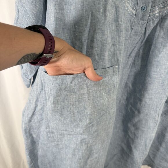 Potery 100% Linen Maxi Dress Womens 18 Blue Front Pockets Long Sleeve Round Neck - Picture 8 of 14